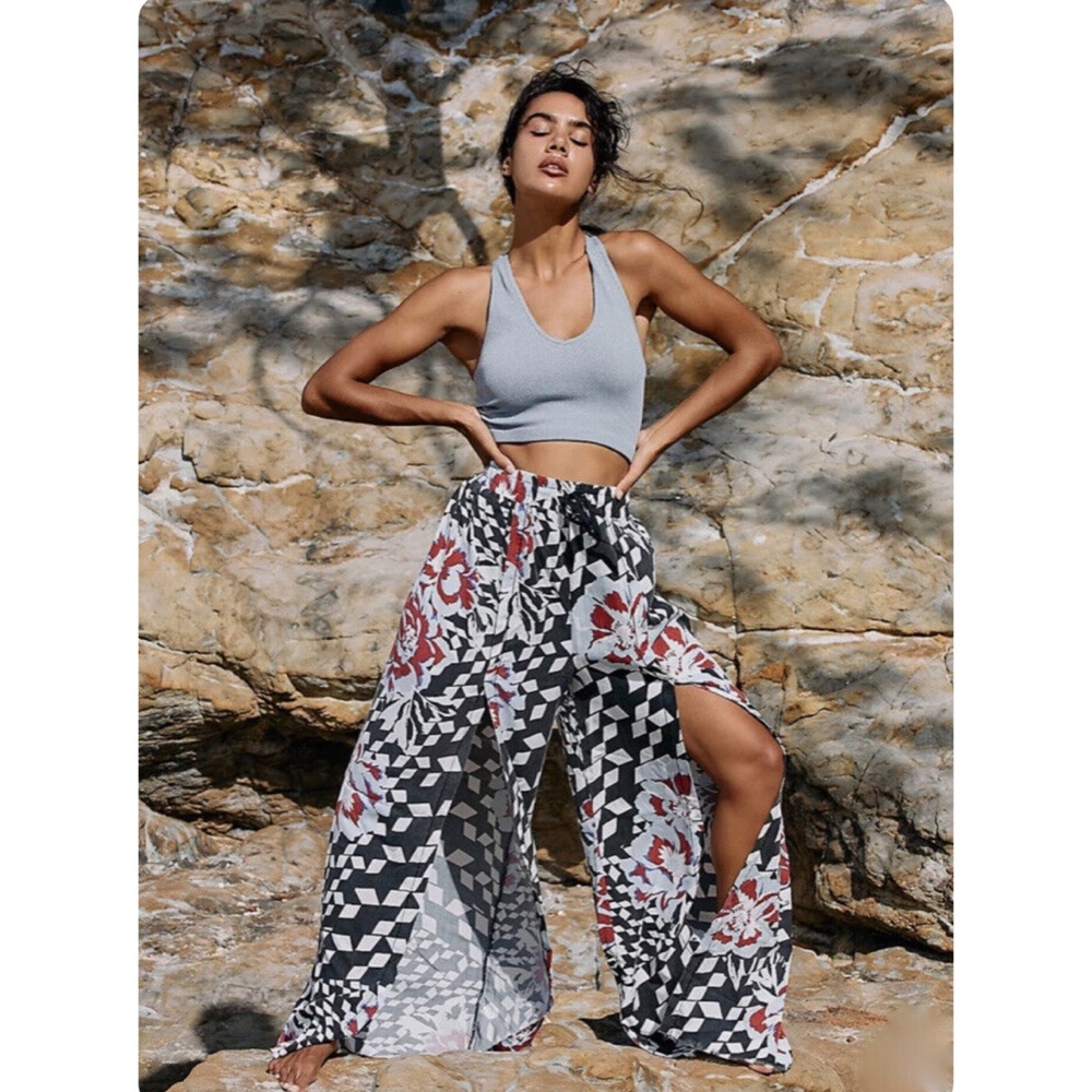 Free People Black White Floral Wide-Leg Split Pants with Red Accents